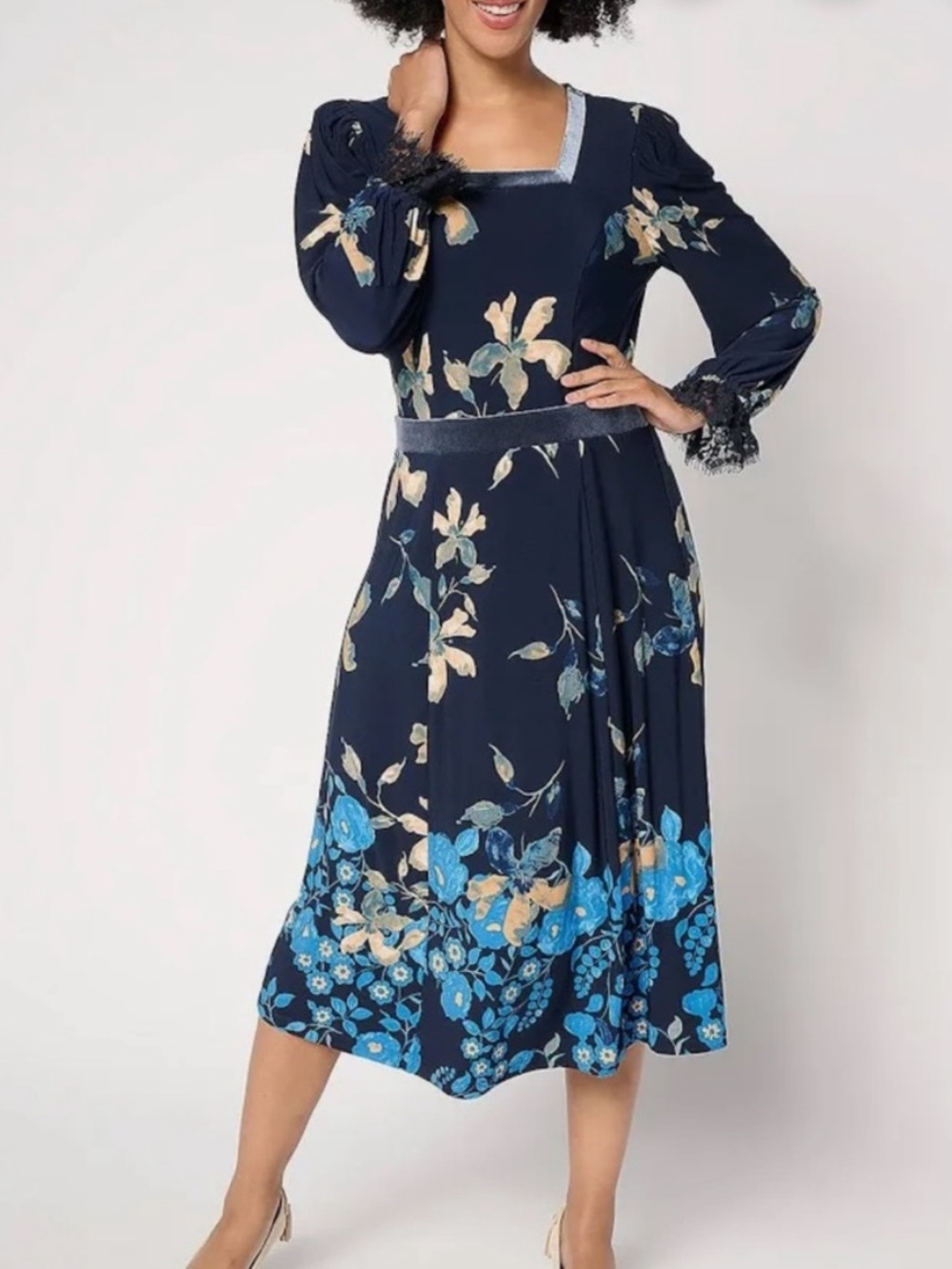 Susan Graver Navy Floral Midi Skirt with Blue & Cream Blooms